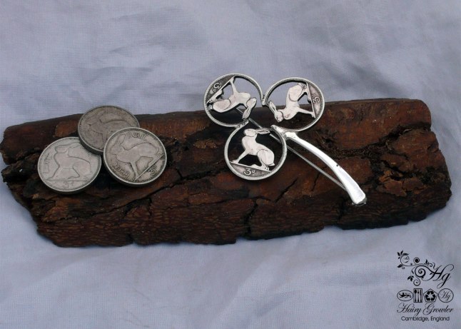 Lucky shamrock - triple hare brooch.  Handmade from Irish Threepence coins.